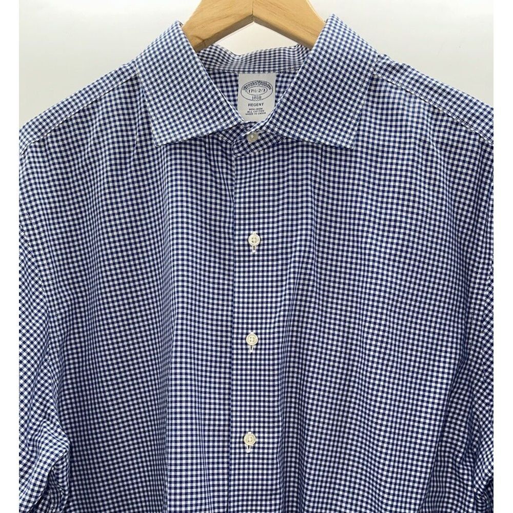 Brooks Brothers Regent Blue Gingham‎ Check Button Up Mens 17.5 2/3 Large
